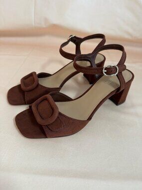 J. Crew Faux-suede buckle heeled sandals stylish comfortable Antique Oak Size 8